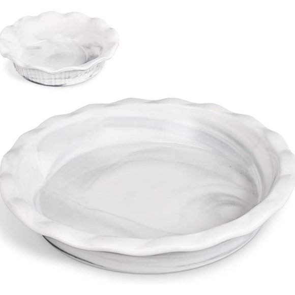 2 x ROUND RUFFLED-EDGE CERAMIC PIE PAN SET  (11"+5.5" - Marble Grey) - Picture 1 of 10